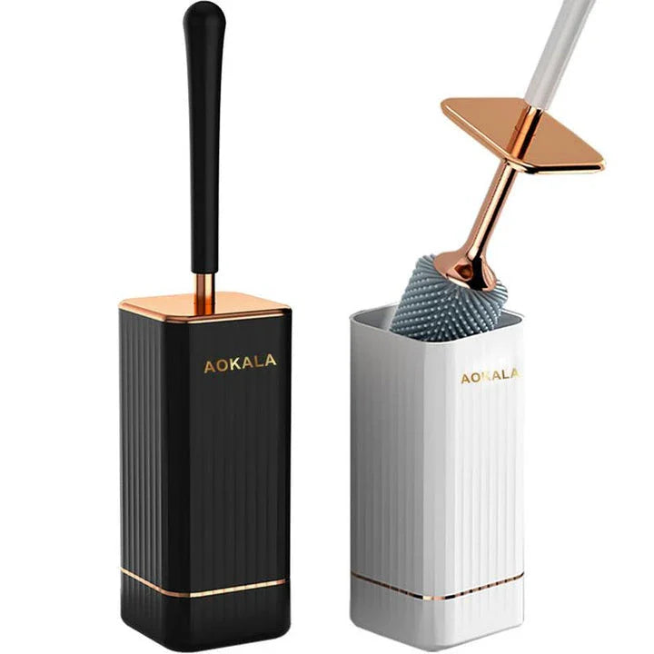 Elegant silicone toilet brush and holder set in black and white with rose gold accents, designed for modern bathroom cleaning