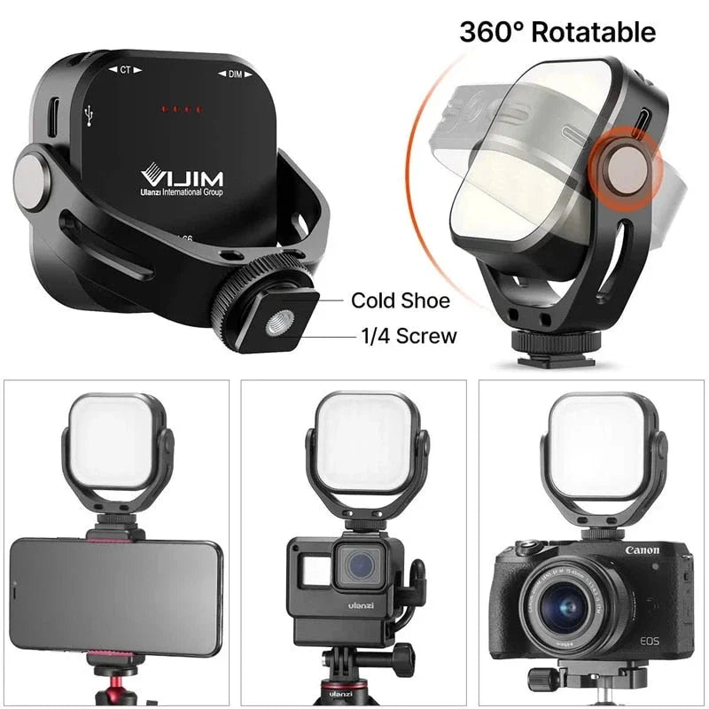 Adjustable bi-colour LED video light with 360-degree rotation bracket, rechargeable and portable fill light for DSLR, SLR and mobile devices