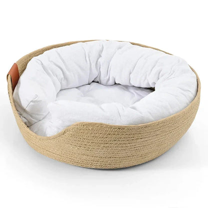Handmade bamboo pet bed with removable cushion, designed for cosy relaxation of cats and small dogs
