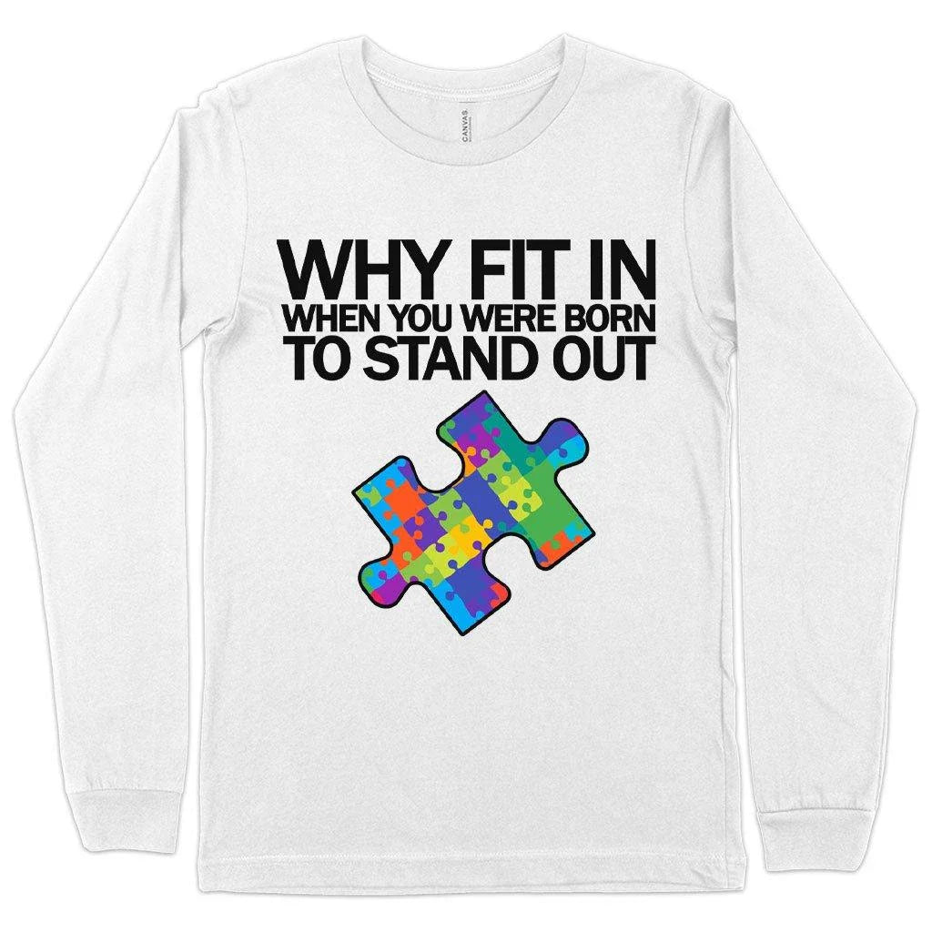 Comfortable Autism Awareness Long Sleeve T-Shirt in white, featuring a classic crew neck design and ribbed cuffs