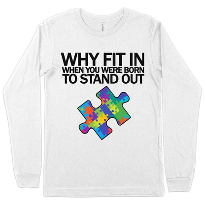 Comfortable Autism Awareness Long Sleeve T-Shirt in white, featuring a classic crew neck design and ribbed cuffs