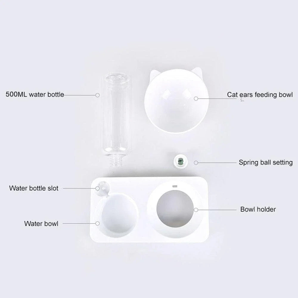 A sleek and rounded cat food and water bowl with an integrated water dispenser, made from high-quality plastic and designed for convenience and style.