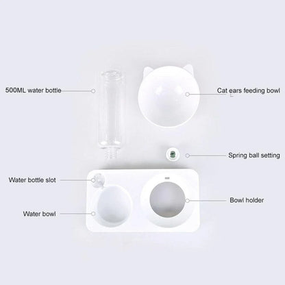A sleek and rounded cat food and water bowl with an integrated water dispenser, made from high-quality plastic and designed for convenience and style.