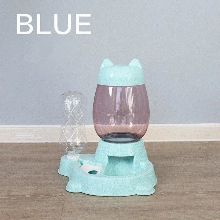 Automatic pet food and water dispenser with blue colour, designed for convenient feeding of cats and dogs