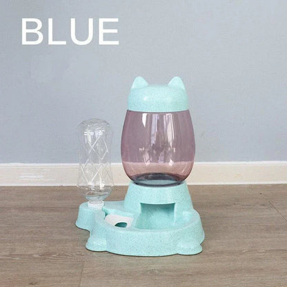 Automatic pet food and water dispenser with blue colour, designed for convenient feeding of cats and dogs