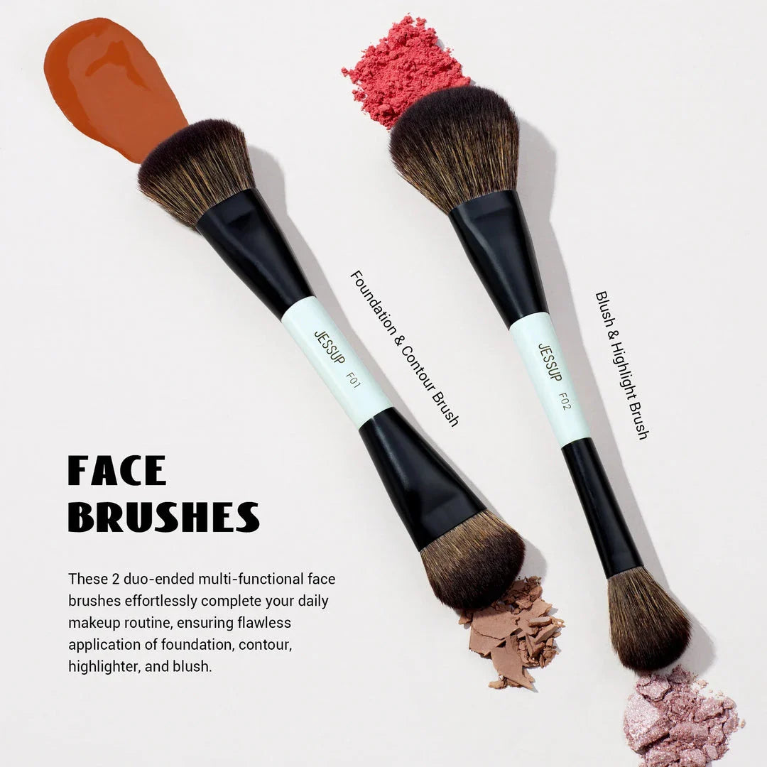 A set of 6 dual-ended makeup brushes in bright cyan and matte black, designed for seamless foundation, contour, blush, eyeshadow, and brow application.