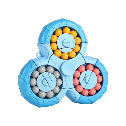 A vibrant, colourful fingertip puzzle cube with a unique rotating mechanism designed to challenge the mind and relieve stress.