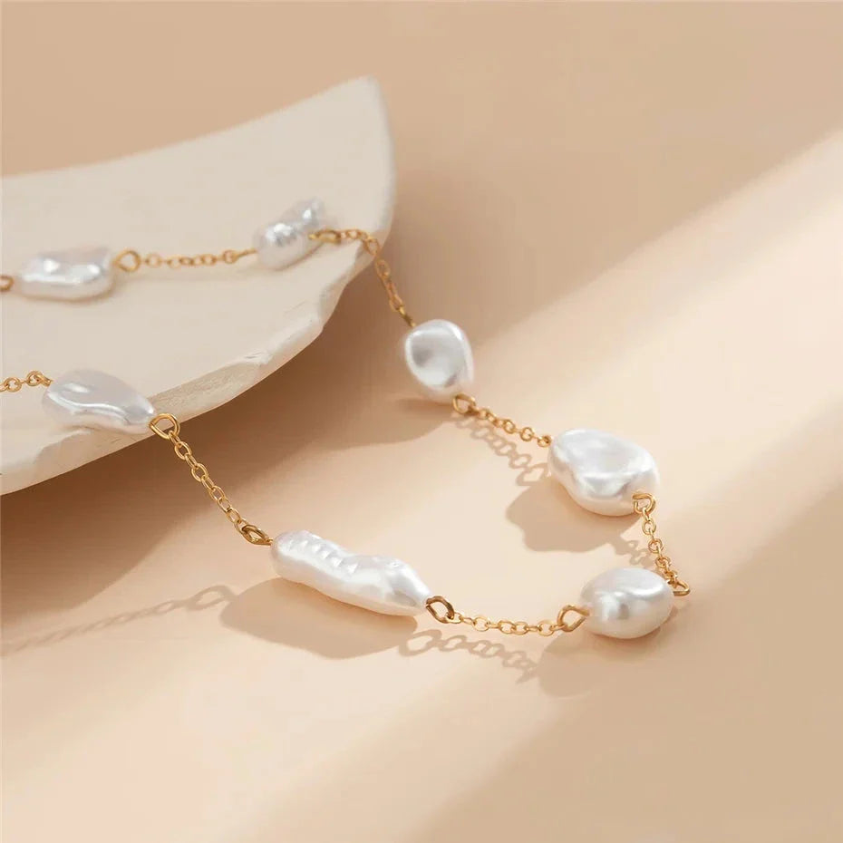 Elegant Pearl Clavicle Chain Necklace with round big pearl beads, alloy, and rhinestone elements