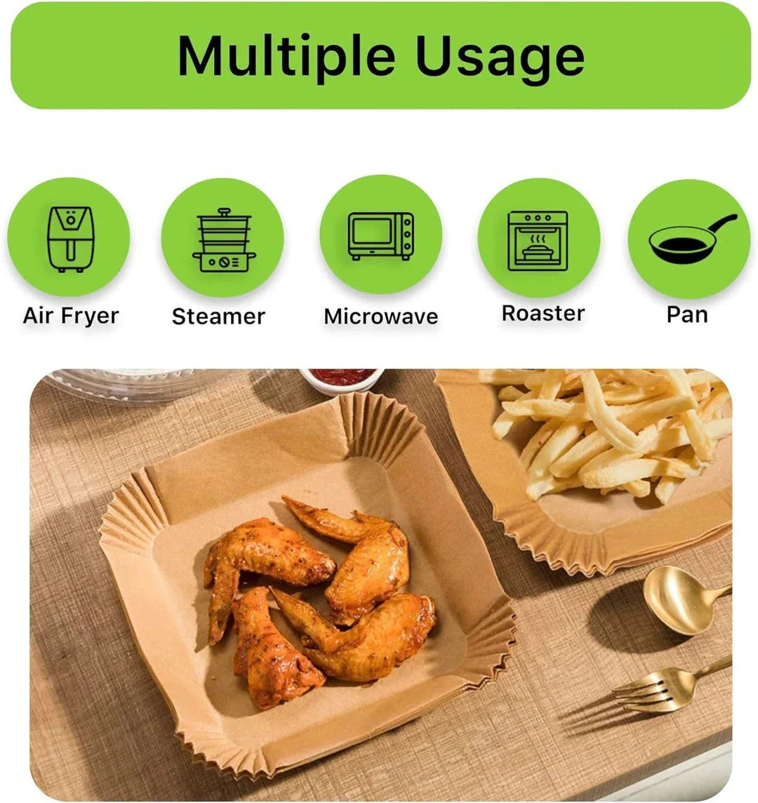 50 disposable air fryer liners made from non-toxic wood paper for easy clean-up and non-stick cooking