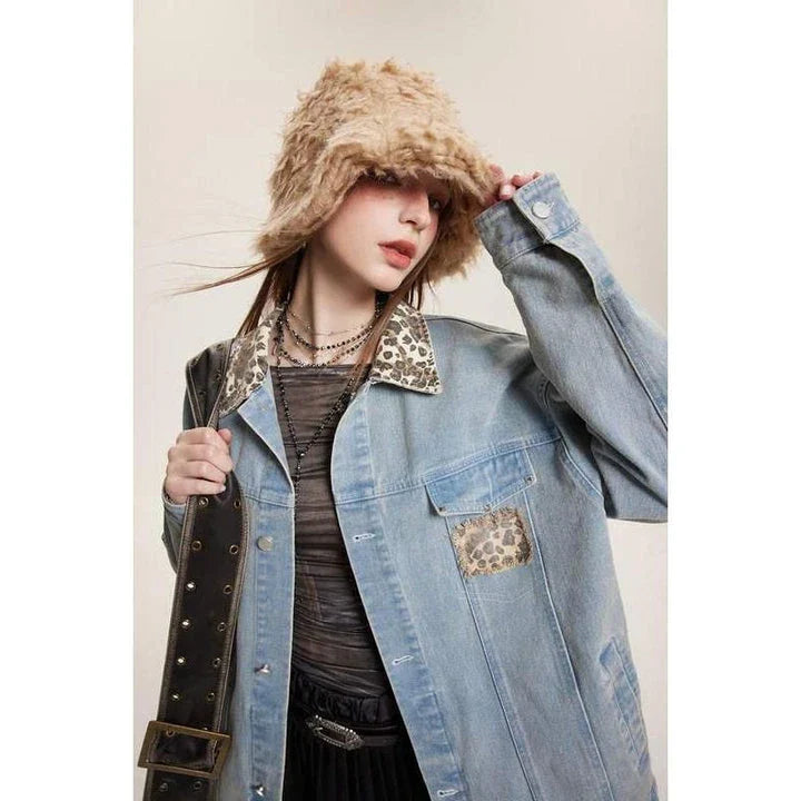 Homeenjoy UK Stylish Leopard-Print Denim Jacket for Versatile Fashion