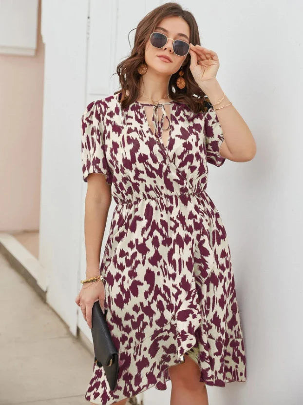 Elegant V-Neck Short Sleeve Printed Dress in Rose Red, Brown, and Black colours