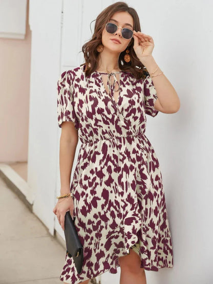 Elegant V-Neck Short Sleeve Printed Dress in Rose Red, Brown, and Black colours