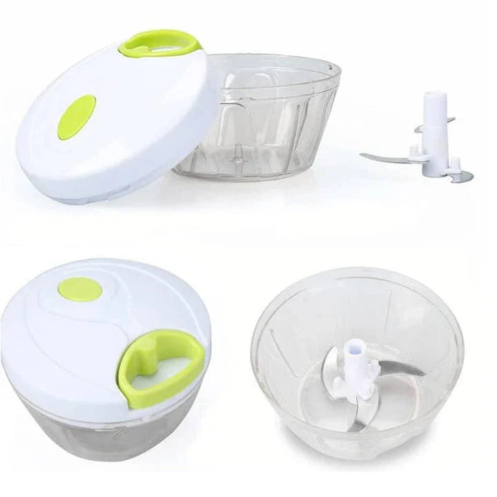 Portable Hand Pull Food Chopper with light green body and 3 sharp blades for easy chopping, slicing, and dicing in UK kitchens