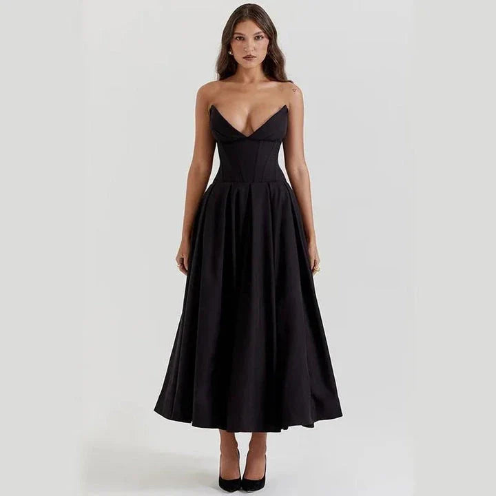 Elegant backless midi dress in black colour for sophisticated British women
