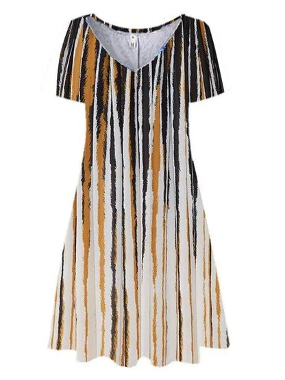 Elegant A-line dress with V-neckline and vibrant print, perfect for formal occasions and everyday wear