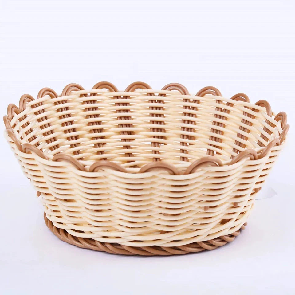Handwoven produce and bread storage basket made from eco-friendly plastic that mimics natural rattan, with a dustproof cover to keep items fresh.
