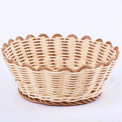 Handwoven produce and bread storage basket made from eco-friendly plastic that mimics natural rattan, with a dustproof cover to keep items fresh.