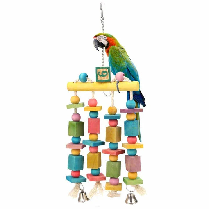 Premium eco-friendly parrot toy with wooden pieces and soothing jingle bells, perfect for sustainable playtime