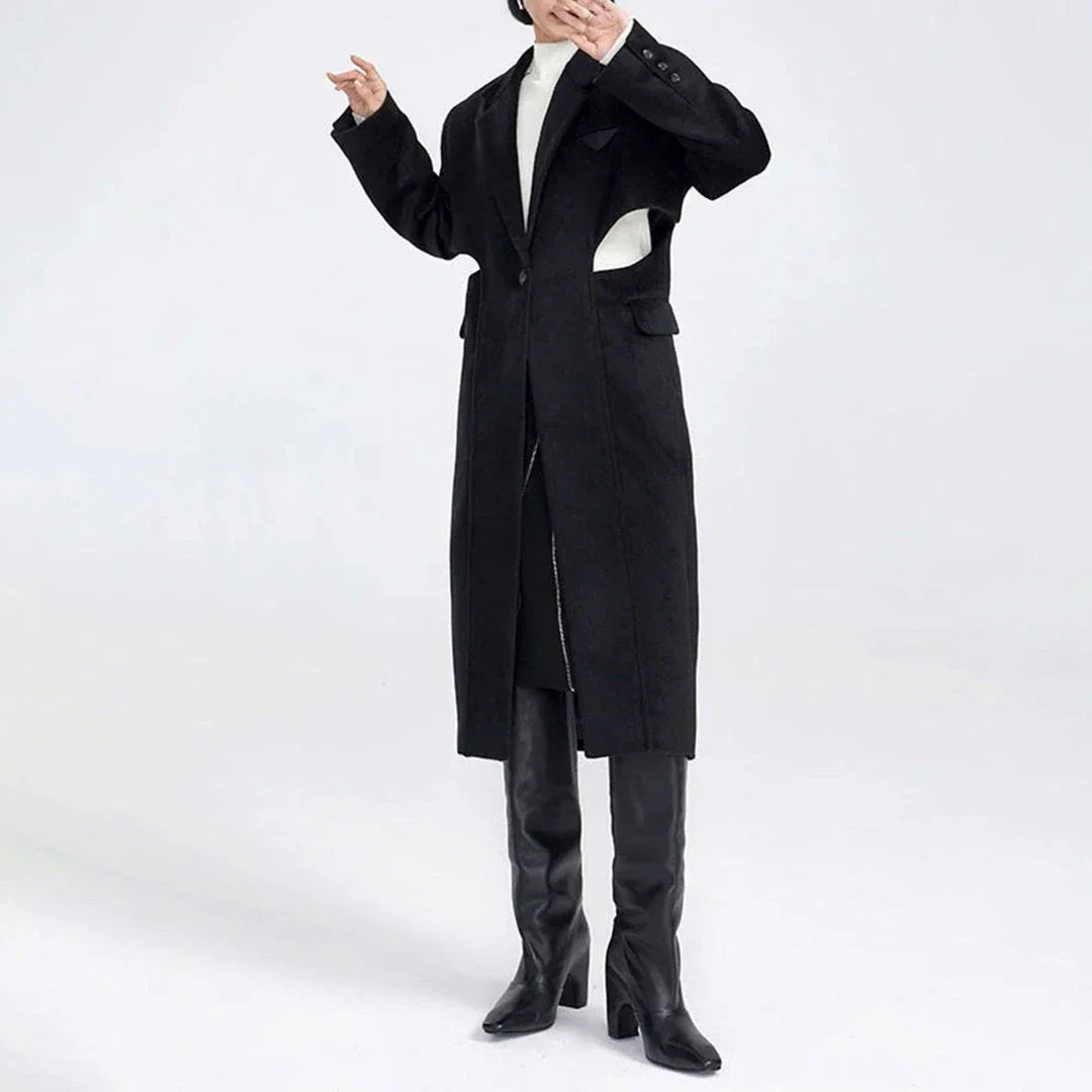 Elegant Autumn-Winter Woollen Overcoat with Waist Cut-Out Design - Premium Quality, Fashionable Silhouette, and Sophisticated Details
