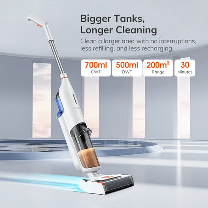 Cordless wet and dry cleaning robot mop with powerful suction, dual water tanks, and self-cleaning function for effortless floor maintenance