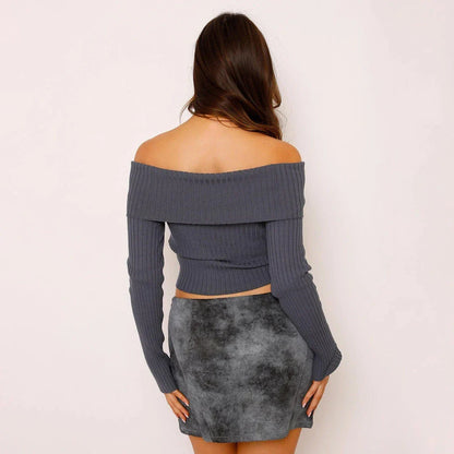 Elegant off-shoulder knitted women's suit with long sleeve top and long skirt in beige colour
