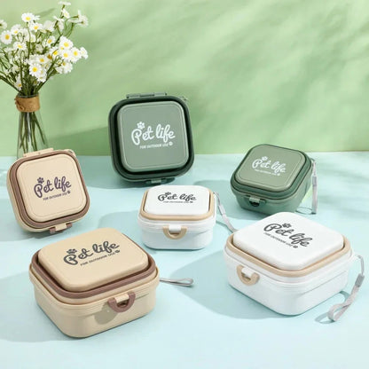 Portable double-decker foldable travel bowl for dogs and cats, featuring separate compartments for food and water, durable plastic construction, and a compact, collapsible design for easy transport.