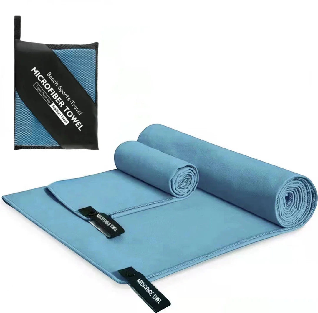 Premium quick-dry microfibre sports towel in various sizes, perfect for gym, yoga, swimming, camping, and beach activities