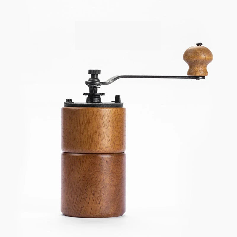 Elegant wooden manual coffee grinder with steel conical burr for consistent, flawless grinding