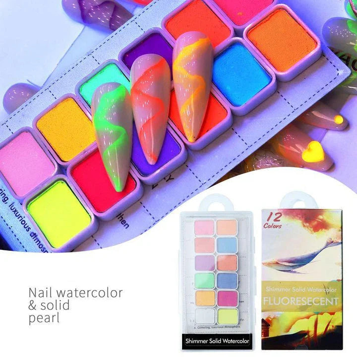 Dazzling watercolour nail art powder with iridescent, metallic, and glitter effects for creating vibrant, salon-quality nail designs