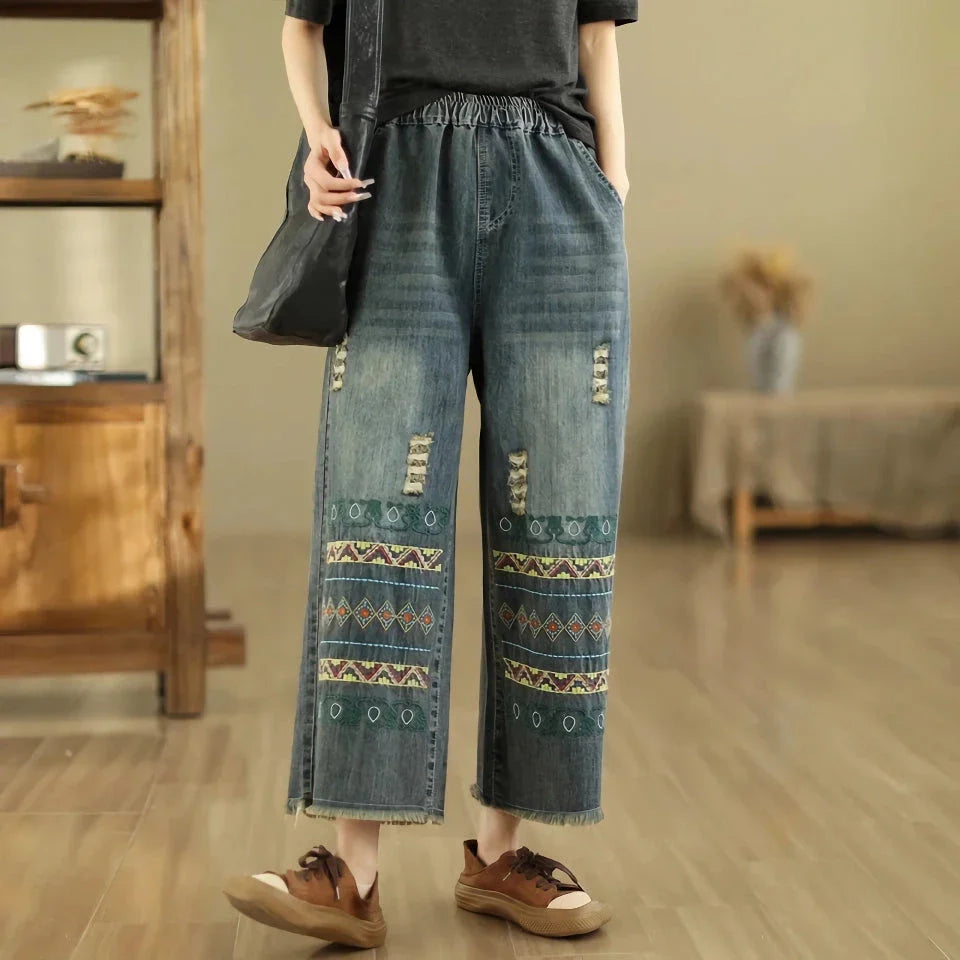 Boho Chic Wide-Leg Jeans with Intricate Vintage Embroidery and Distressed Finish
