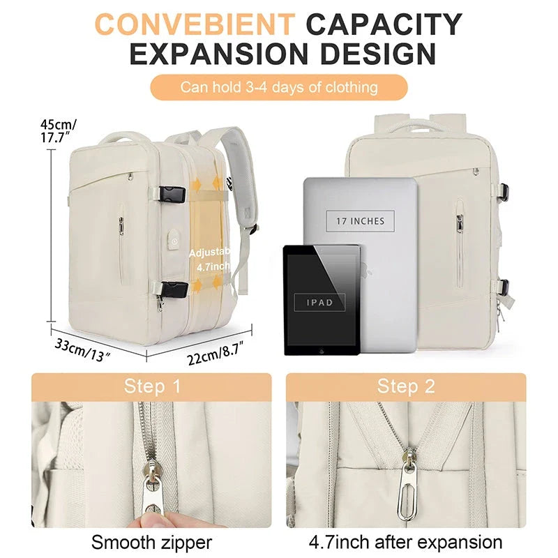 Expandable travel laptop backpack with multiple compartments and water-resistant nylon construction