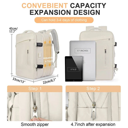 Expandable travel laptop backpack with multiple compartments and water-resistant nylon construction