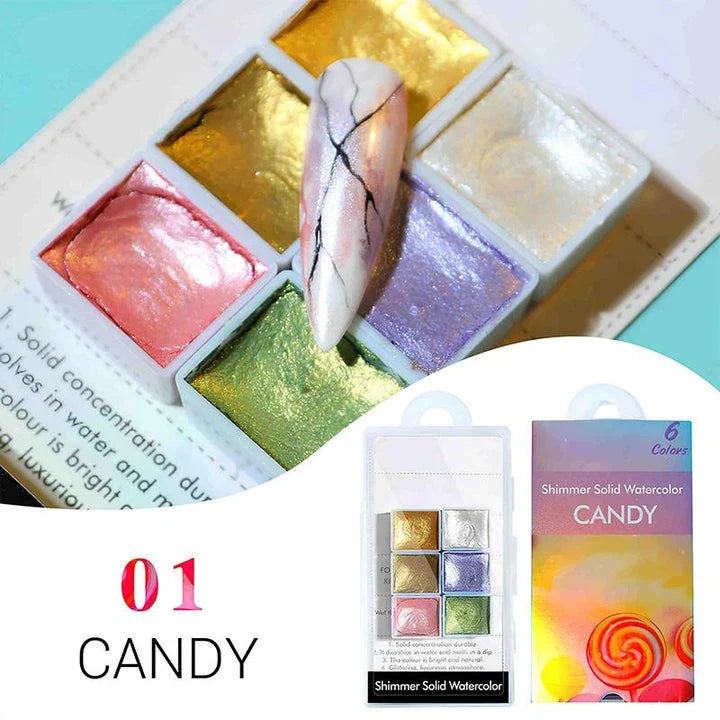 Dazzling watercolour nail art powder with iridescent, metallic, and glitter effects for creating vibrant, salon-quality nail designs