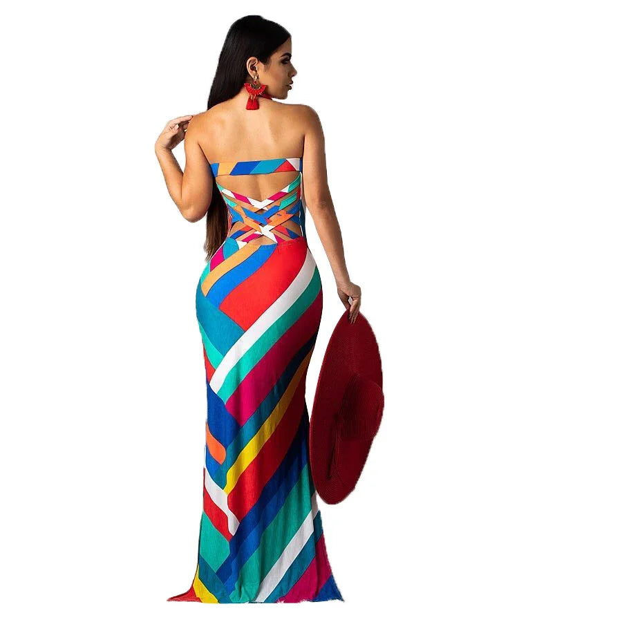 Elegant printed halter dress in vibrant colours, designed with a flattering silhouette and premium polyester fibre for exceptional quality.