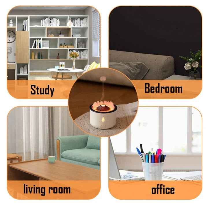 Elegant ultrasonic essential oil humidifier with flame and jellyfish-inspired lighting effects for relaxing ambiance