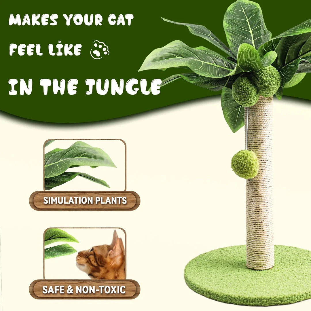 Adorable green leaves cat scratching post with tree-inspired design and interactive play features