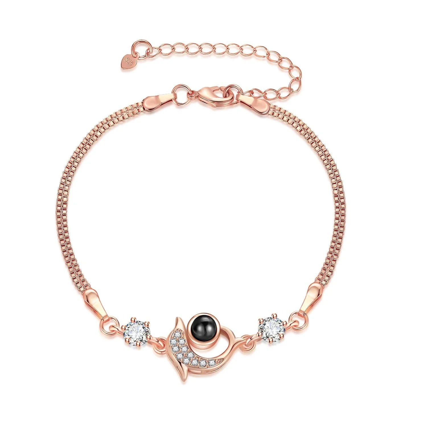 Couple wearing vibrant, projection couple bracelets in rose gold and platinum finishes