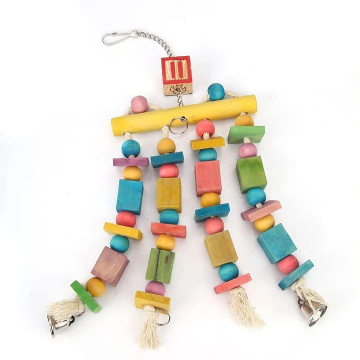 Premium eco-friendly parrot toy with wooden pieces and soothing jingle bells, perfect for sustainable playtime