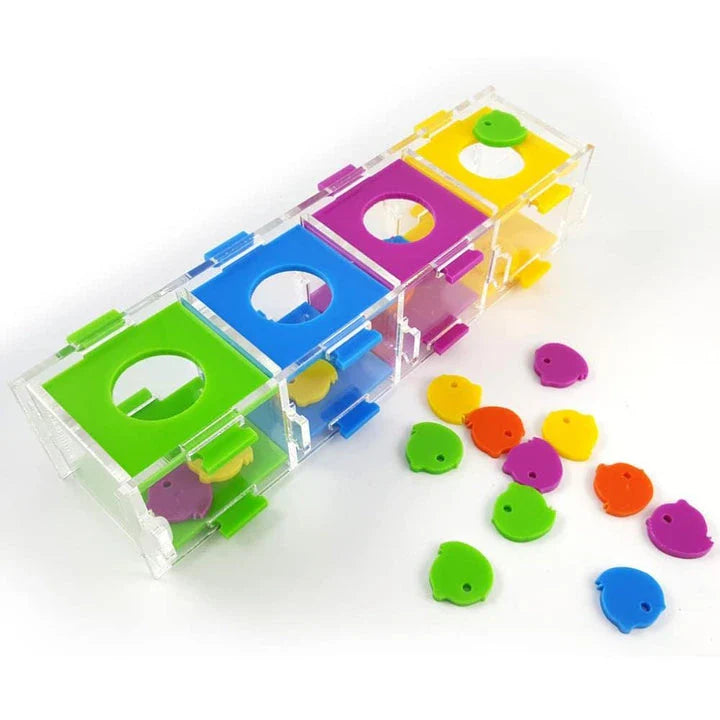 Colourful puzzle toy for parrots, featuring interlocking pieces to stimulate cognitive development and mental agility.