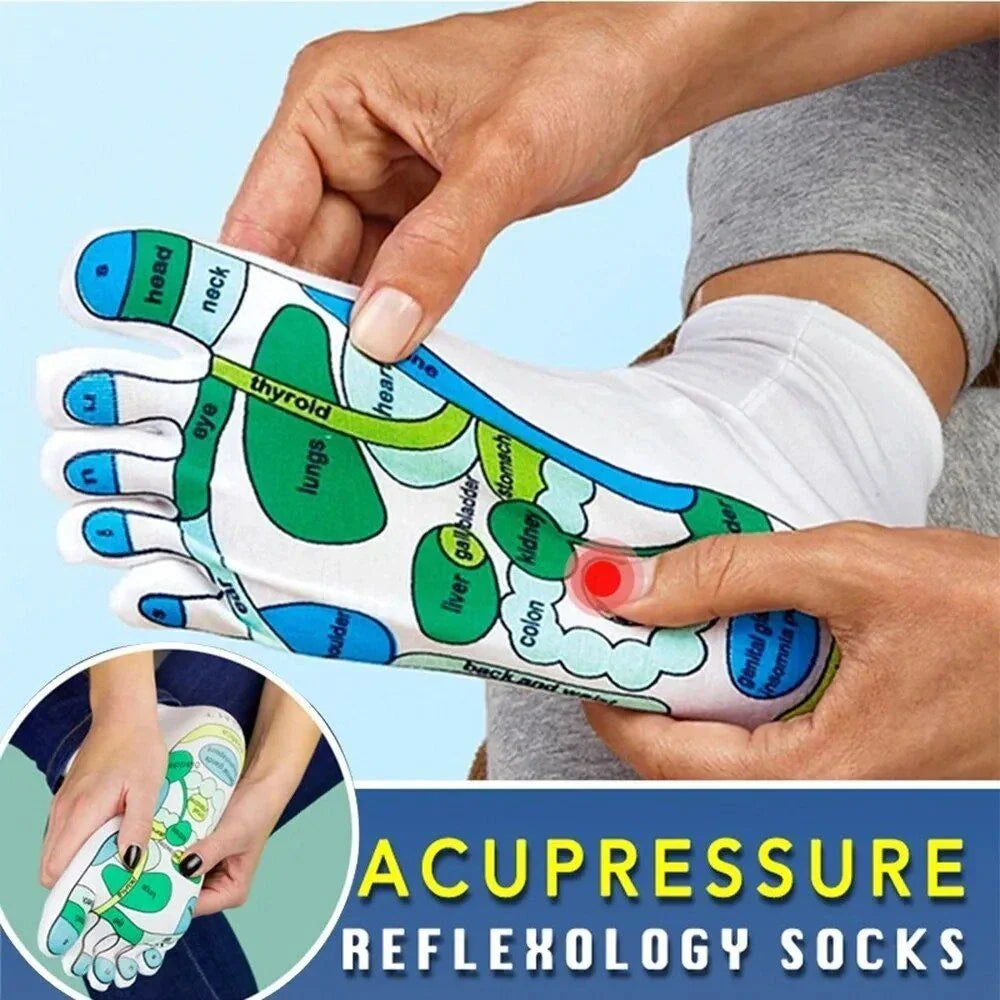 Premium acupressure massage reflexology socks in white with clear English illustrations for targeting pressure points