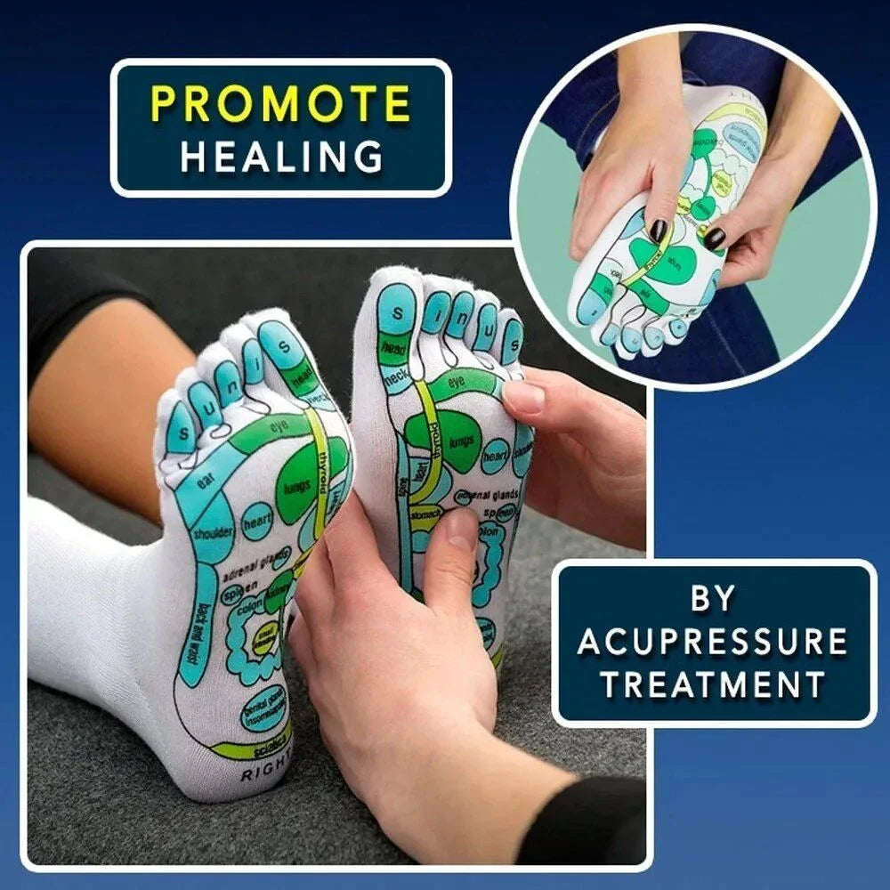 Premium acupressure massage reflexology socks in white with clear English illustrations for targeting pressure points