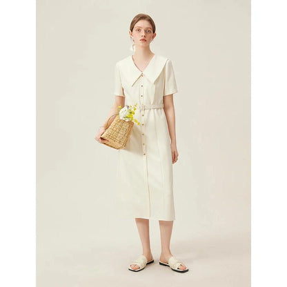 Elegant mid-calf summer dress with flattering empire waistline and adjustable belt for professional women