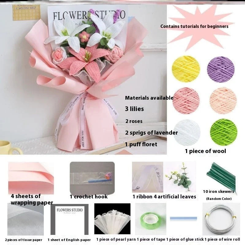 Handcrafted bridal bouquet in a delicate pink hue, featuring intricate crochet and hand-woven design