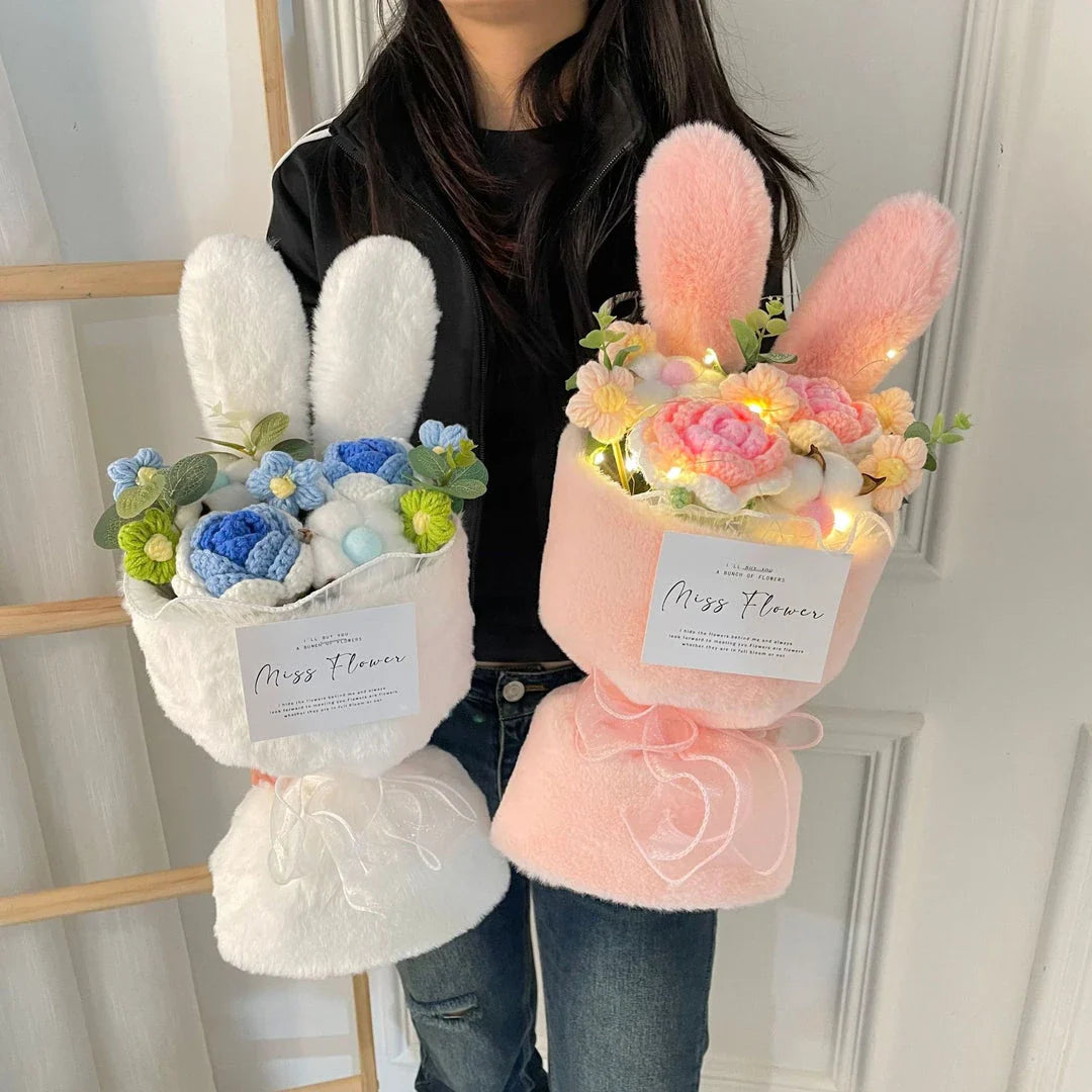 A delightful knitted rabbit bouquet doll in vibrant colours, featuring soft plush materials and a charming design