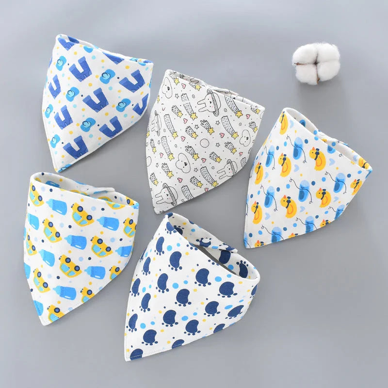 A set of fashionable cotton baby bandana bibs in various prints and colours, designed to keep your little one dry and stylish.