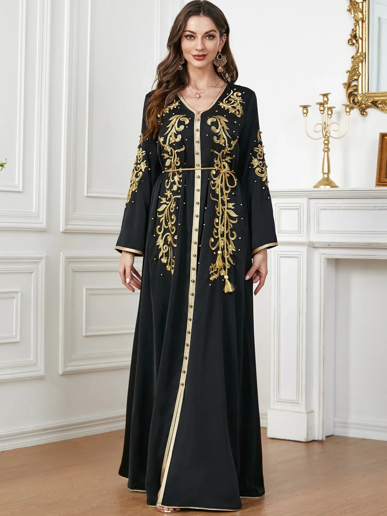 A sophisticated long-sleeve women's dress with a captivating floral embroidery pattern and a refined colour palette, suitable for a variety of occasions.