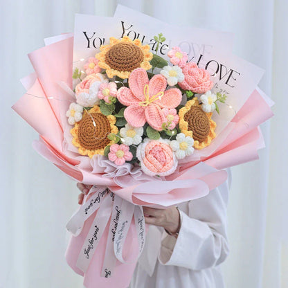 Beautifully crafted knitted bouquet with vibrant sunflowers, featuring a warm LED lighting system for a captivating display