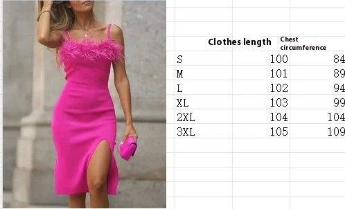 Elegant pink feather patchwork slit skirt made of high-quality polyester fabric