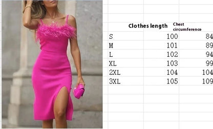 Elegant pink feather patchwork slit skirt made of high-quality polyester fabric