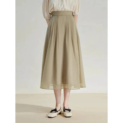 Elegant high-waist a-line midi skirt in a solid, vibrant colour for professional and social wear
